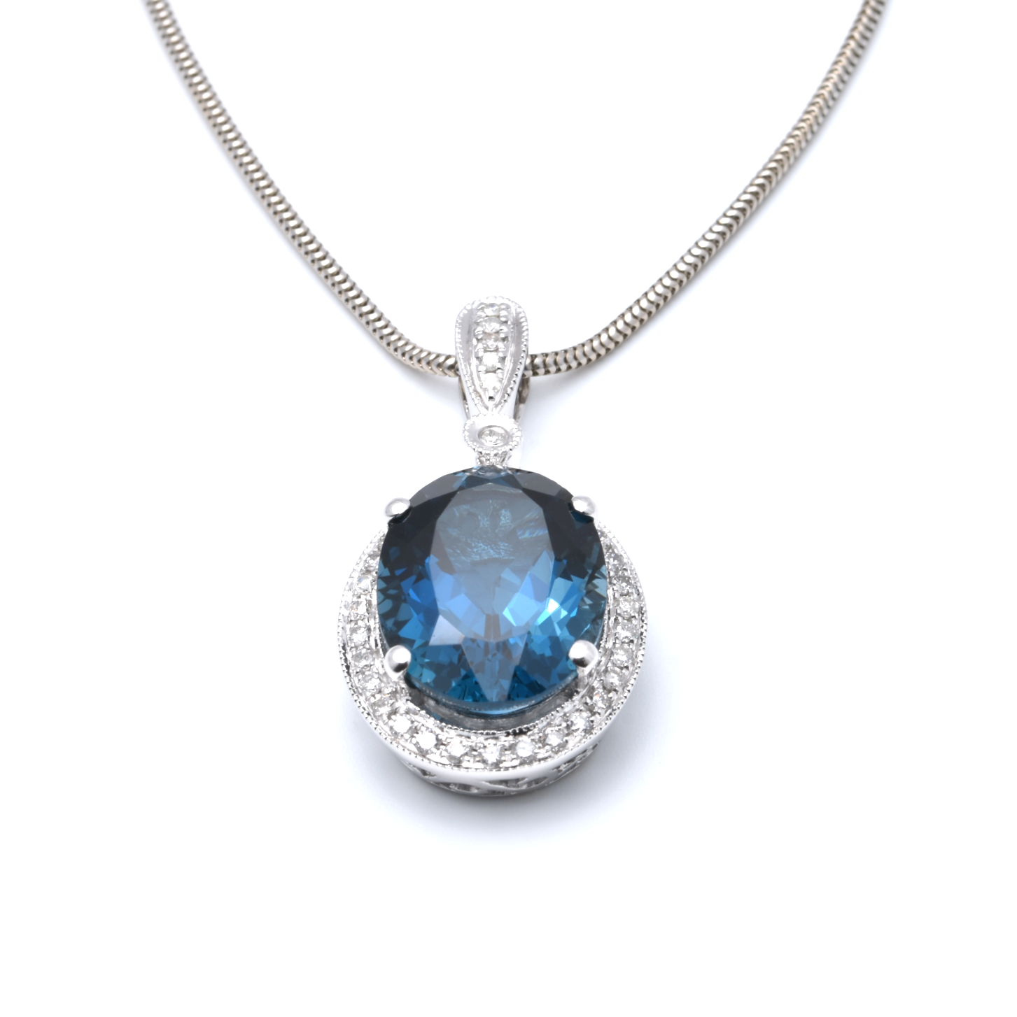 Schlangenkette mit Anhänger | 585/000 Weißgold | Brillanten | Blau Topas